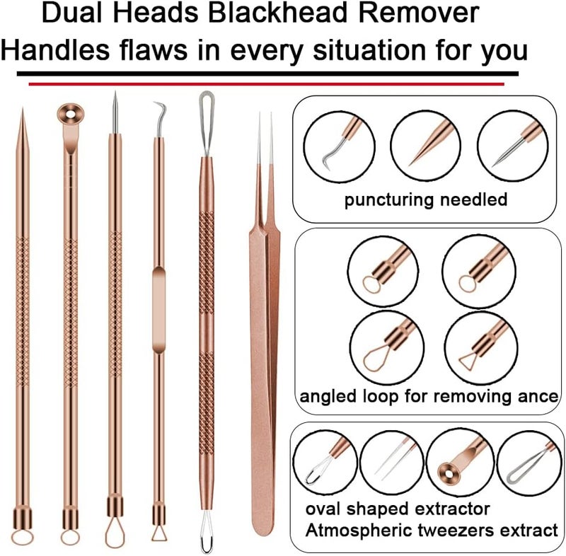 BLAAROOM Pimple Popper Tool Kit, 6 Pcs Blackhead Remover Acne Needle Tools Set Removing Treatment Comedone Whitehead Popping Zit for Nose Face Skin Blemish Extractor Tool - Rose Gold - Image 2